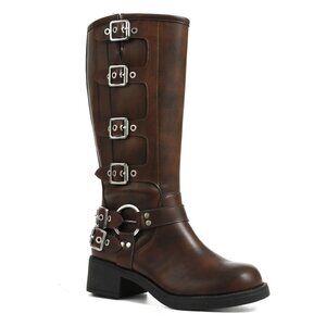 Knee High Boots Women Square Toe Pull On Wide Calf Riding Fashion Buckles